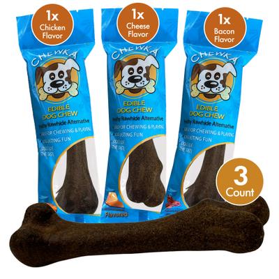 Show full view: Scoochie Pet Chewka Mixed Variety Pack Bacon, Chicken & Cheese Flavored Plant-Forward Fully Digestible Dog Chew Bone, Medium, 3 count slide 3 of 8
