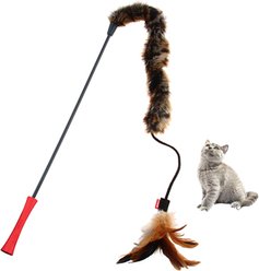 Gigwi Wand Fishing Feather Teaser Stick Cat Toy, Brown, 21-in