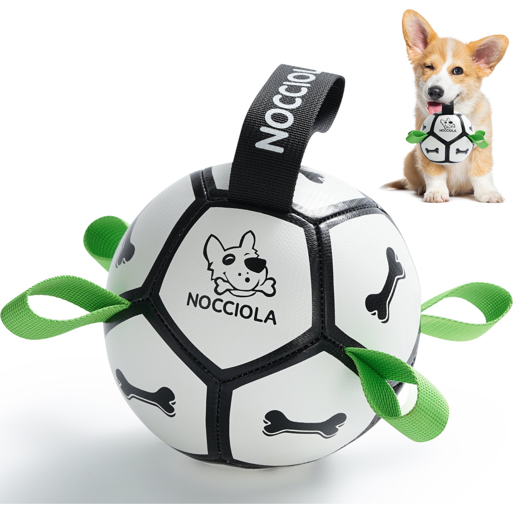 Nocciola Soccer Ball with Straps Interactive Dog Toy, Black & White, 5-in