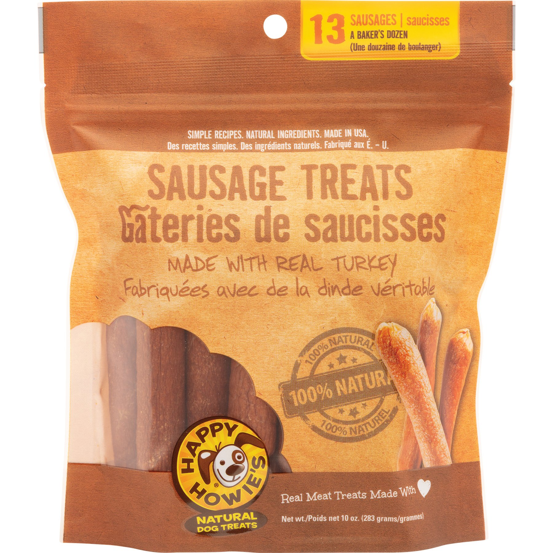 Happy Howie's Baker's Dozen 4-in Turkey Sausage Dog Treats, 13 count pouch