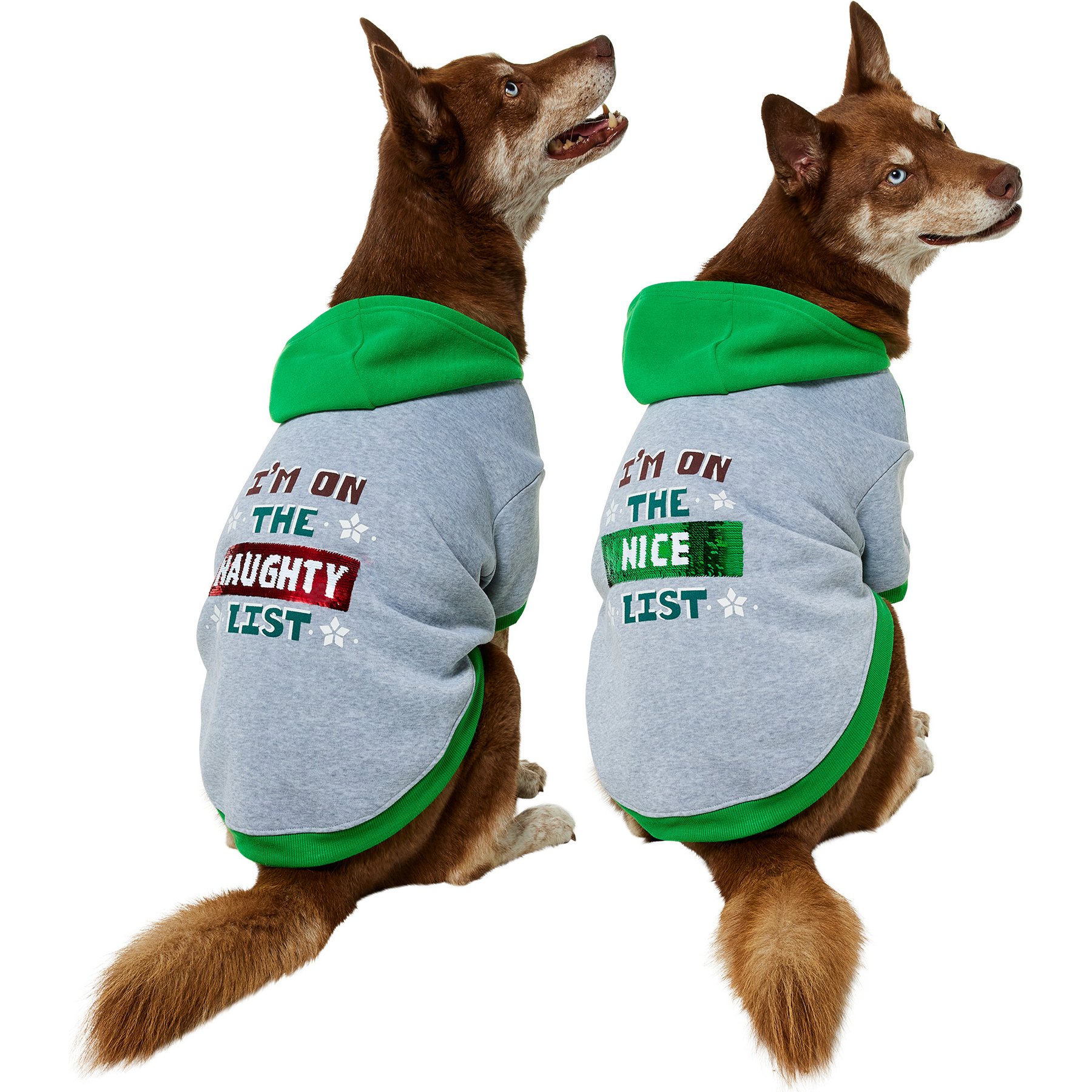 Frisco Flip Sequin Naughty/Nice List Dog & Cat Hoodie, Heather Gray, X-Large