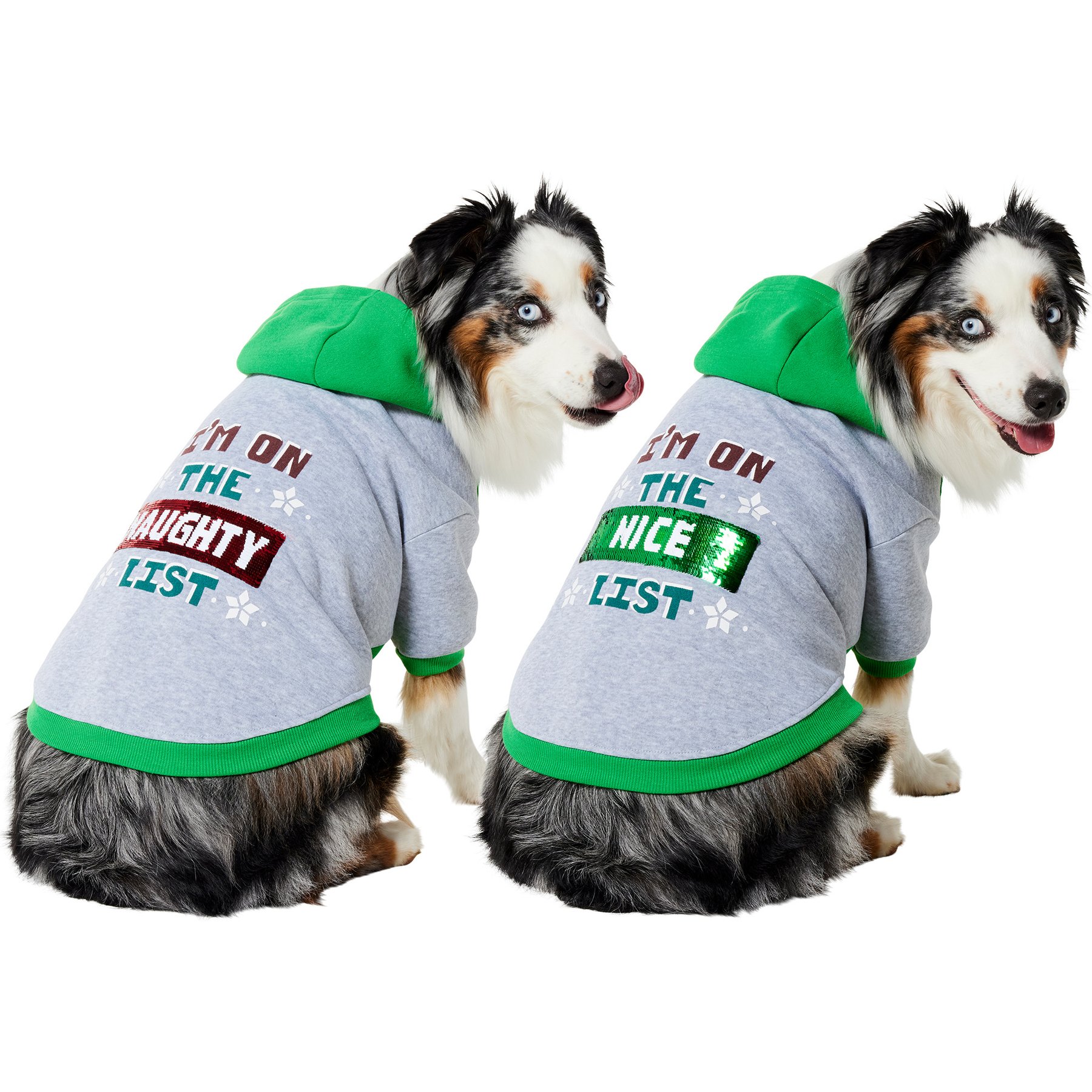 Frisco Flip Sequin Naughty/Nice List Dog & Cat Hoodie, Heather Gray, Large