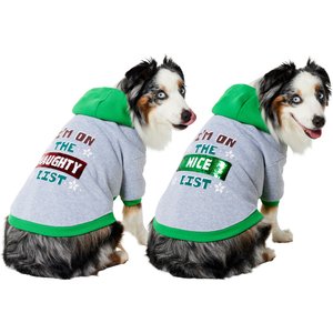 Frisco Flip Sequin Naughty/Nice List Dog & Cat Hoodie, Heather Gray, Large