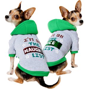 Frisco Flip Sequin Naughty/Nice List Dog & Cat Hoodie, Heather Gray, X-Small