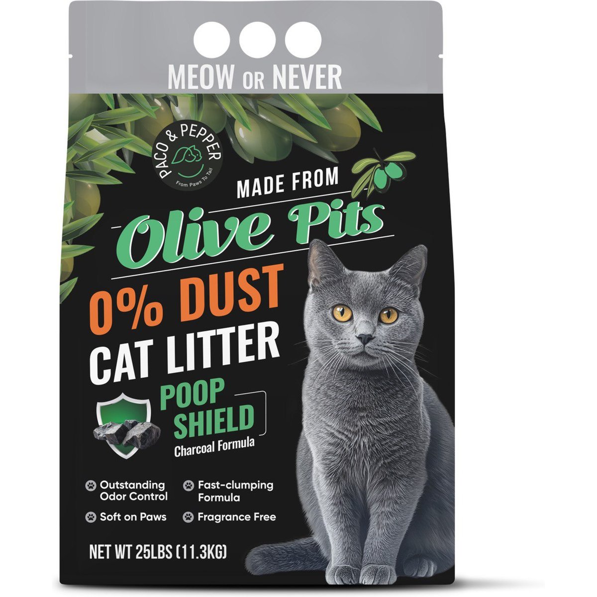 PACO & PEPPER Poop Shield Charcoal Natural Unscented Clumping Cat Litter, 25-lb bag