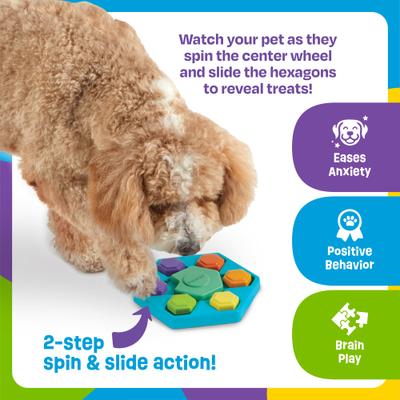 Show full view: Brightkins Spin & Seek Hexagon Treat Dispensing Dog Toy, Multi Color, 9.84 x 8.5 x 1.77-in slide 4 of 9
