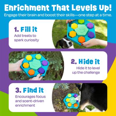 Show full view: Brightkins Spin & Seek Hexagon Treat Dispensing Dog Toy, Multi Color, 9.84 x 8.5 x 1.77-in slide 6 of 9