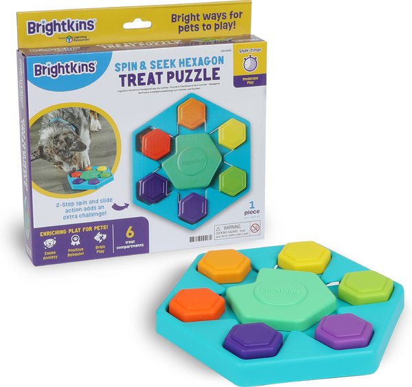 Show full view: Brightkins Spin & Seek Hexagon Treat Dispensing Dog Toy, Multi Color, 9.84 x 8.5 x 1.77-in slide 1 of 9