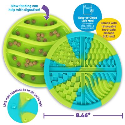 Show full view: Brightkins Circle 2-in-1 Slow Feeder & Lick Mat Treat Dispensing Dog Toy, Multi Color, 8.64 x 8.64 x 1.77-in slide 3 of 10