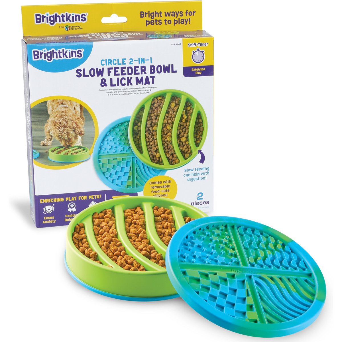 Brightkins Circle 2-in-1 Slow Feeder & Lick Mat Treat Dispensing Dog Toy, Multi Color, 8.64 x 8.64 x 1.77-in