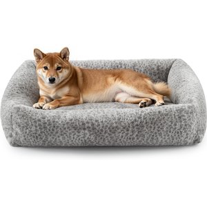 JOEJOY Rabbit Fur Leopard Print Dog & Cat Bed with Anti-Slip Bottom & Removable Cover, Grey, Large