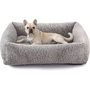 JOEJOY Rabbit Fur Leopard Print Dog & Cat Bed with Anti-Slip Bottom & Removable Cover, Grey, Small