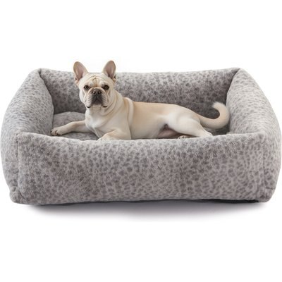 JOEJOY JOEJOY Rabbit Fur Leopard Print Dog & Cat Bed with Anti-Slip Bottom & Removable Cover, Grey, Small