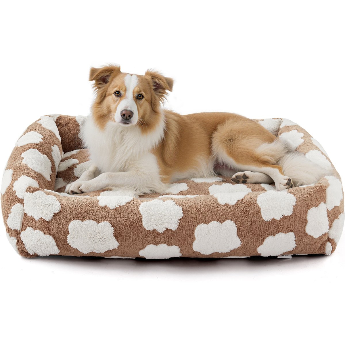 JOEJOY Jacquard Cloud Square Dog & Cat Bed with Anti-Slip Bottom & Removable Cover, Cozy Clouds Brown, Small Plus