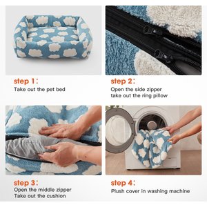 JOEJOY Jacquard Cloud Square Dog & Cat Bed with Anti-Slip Bottom & Removable Cover, Blue, Small