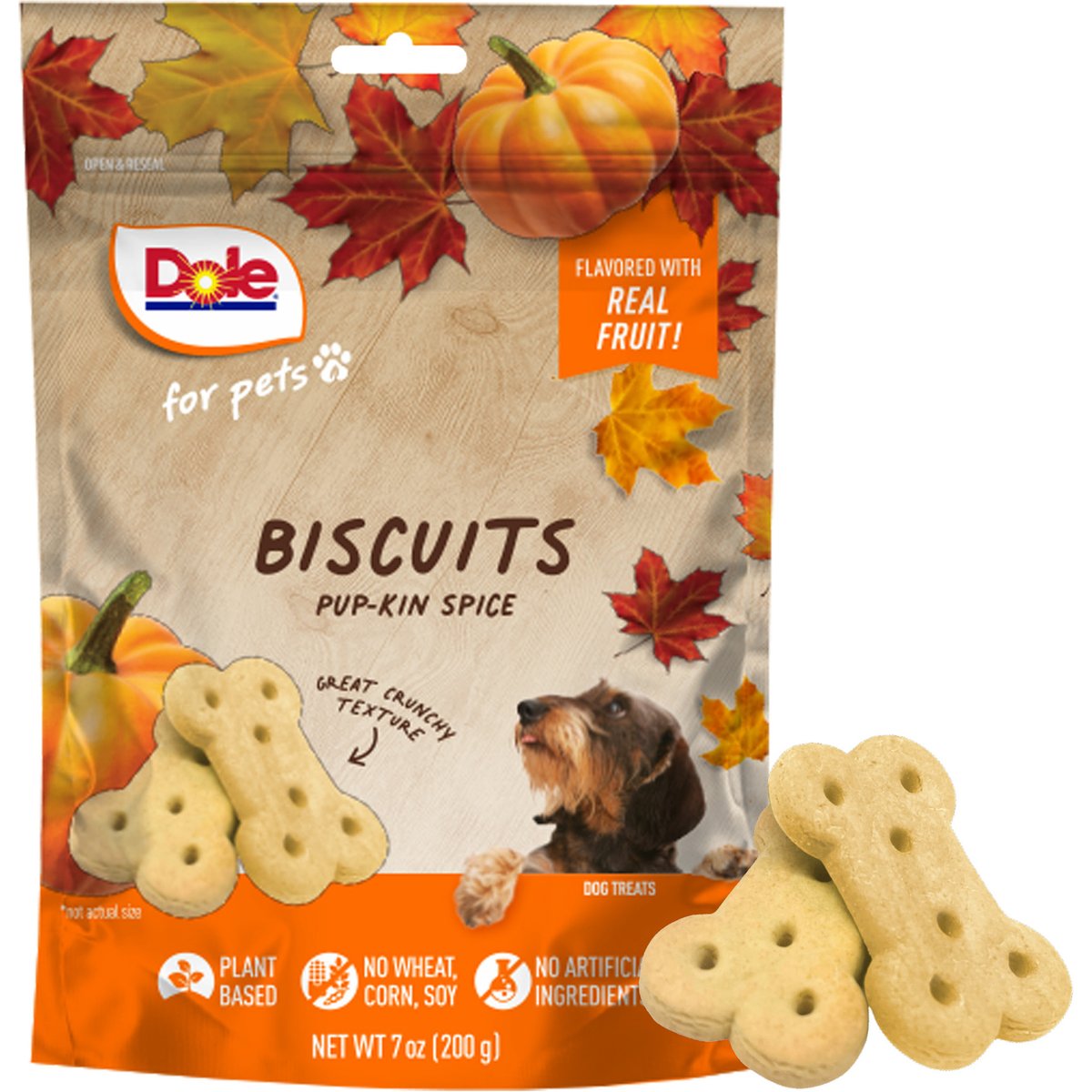 Dole Fall Plant-Based Pup-Kin Spice Pumpkin Crunchy Dog Biscuits Treats, 7-oz bag
