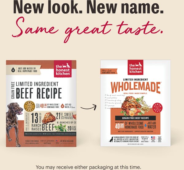 Show full view: The Honest Kitchen Wholemade Limited Ingredient Beef Dehydrated Dog Food, 10-lb box slide 3 of 13