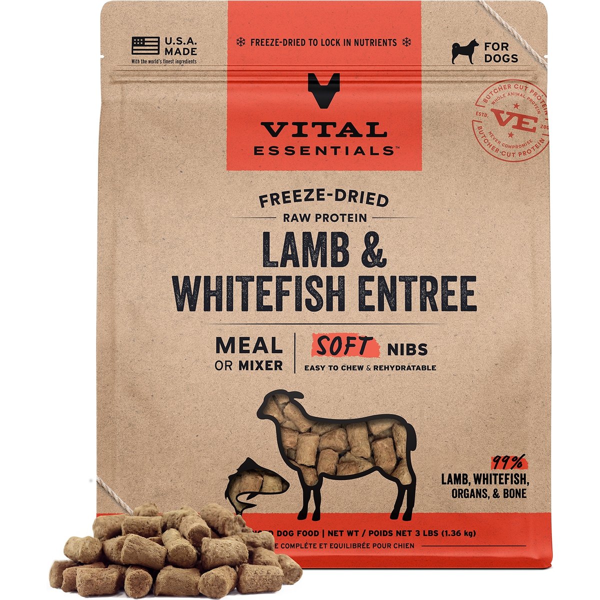 Vital Essentials Soft Nibs Raw Lamb & Whitefish Entree Freeze-Dried Dog Food & Topper, 3-lb bag