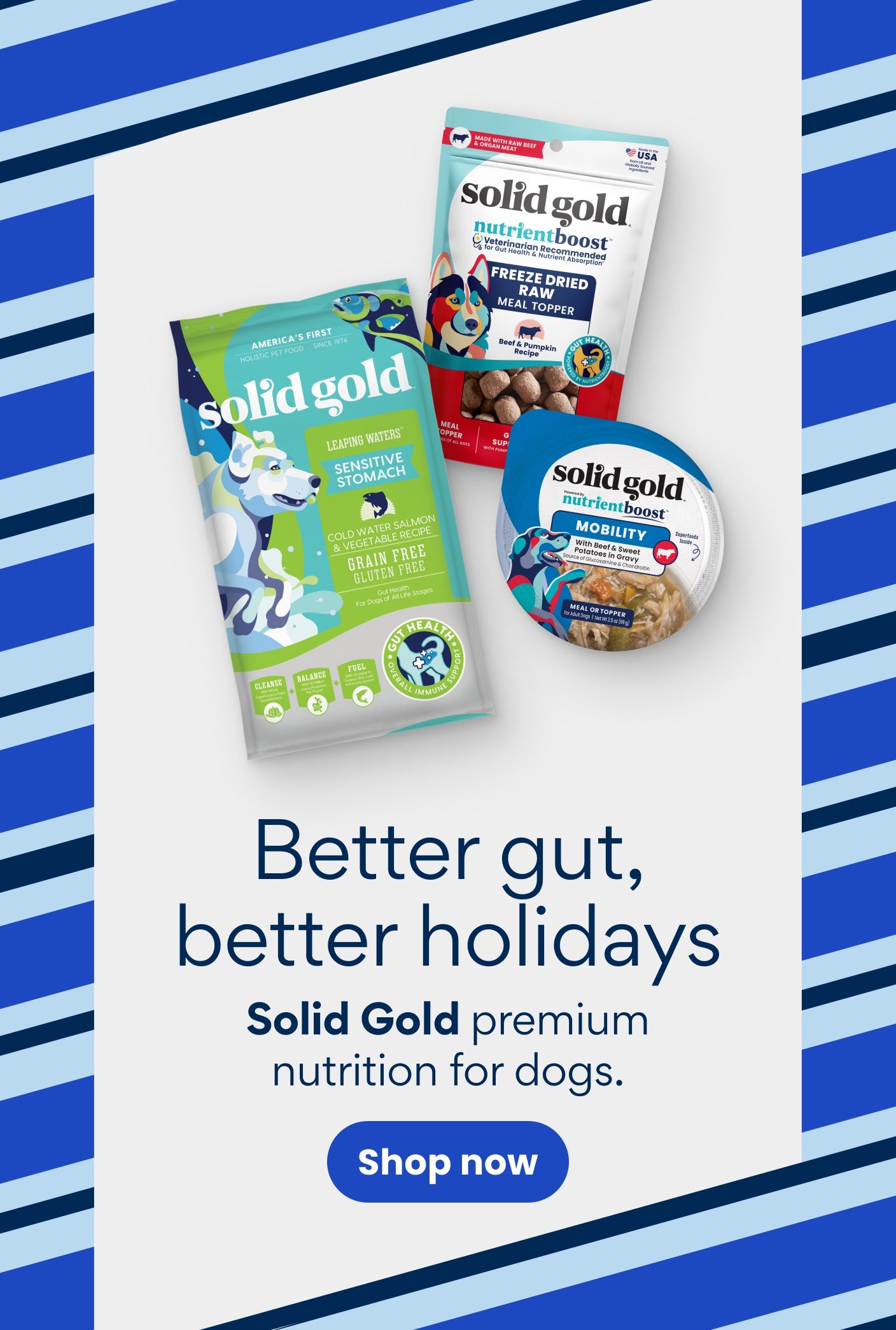 Better gut, better holidays Solid Gold premium nutrition for dogs.