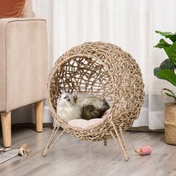 jansno Weaved Hand-Woven Braided Banana Leaf Elevated Kitten & Cat Bed & House Condo with Cushion, Beige
