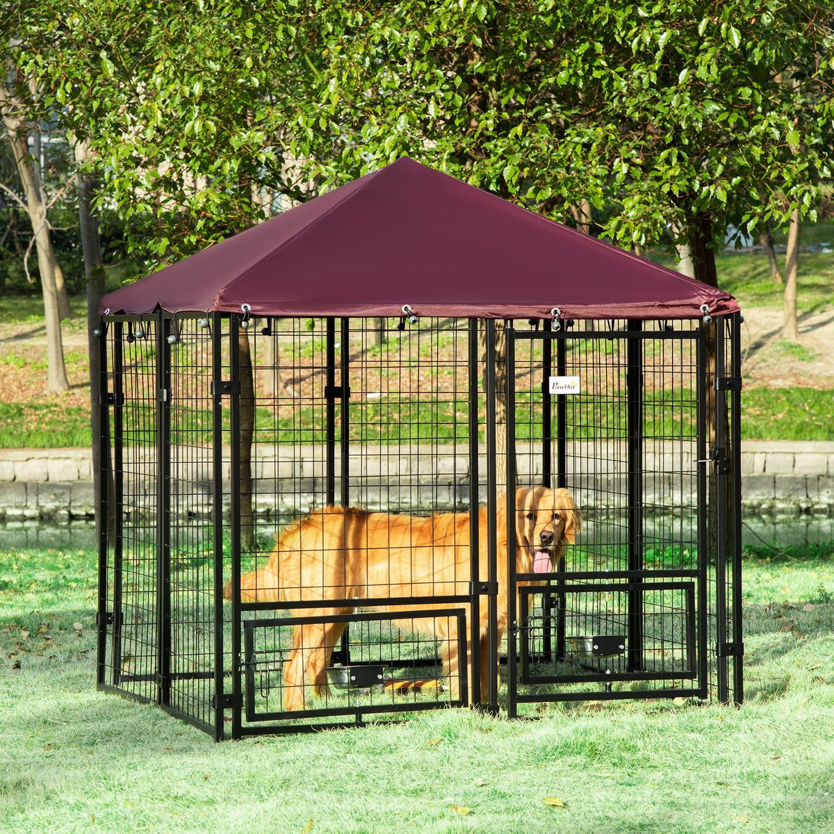 jansno Outdoor Canopy Rotating Bowl Holders Dog Kennel, Black & Red