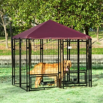 jansno jansno Outdoor Canopy Rotating Bowl Holders Dog Kennel, Black & Red