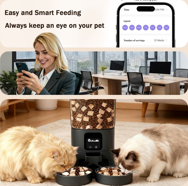 Show full view: ONIZOOMI Smart 2.4G WiFi Automatic Dual Bowl Cat & Dog Feeder, Black, 30-Cup slide 7 of 10
