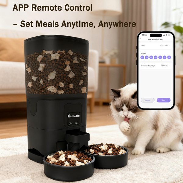 Show full view: ONIZOOMI Smart 2.4G WiFi Automatic Dual Bowl Cat & Dog Feeder, Black, 30-Cup slide 2 of 10