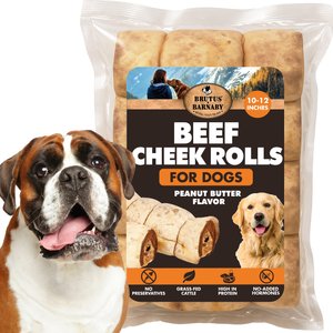 Brutus & Barnaby Rawhide-Free Peanut Butter Flavored Beef Cheek Rolls Long Lasting Dog Chews, 10 to 12-inch, 2 count
