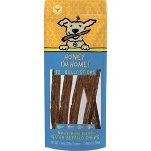 Honey I'm Home! 12-in Bully Sticks Natural Honey Coated Buffalo Chews Grain-Free Dog Treats, 5 count