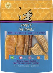 Honey I'm Home! Mini Muncher Variety Pack Natural Honey Coated Buffalo Chews Grain-Free Dog Treats, 6 count