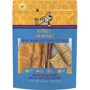 Honey I'm Home! Mini Muncher Variety Pack Natural Honey Coated Buffalo Chews Grain-Free Dog Treats, 6 count