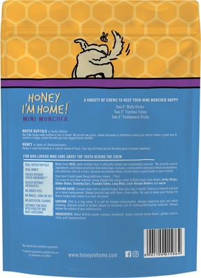 Show full view: Honey I'm Home! Mini Muncher Variety Pack Natural Honey Coated Buffalo Chews Grain-Free Dog Treats, 6 count slide 3 of 5