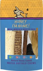 Honey I'm Home! Mega Muncher Variety Pack Natural Honey Coated Buffalo Chews Grain-Free Dog Treats, 5 count