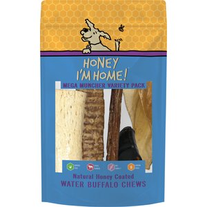 Honey I'm Home! Mega Muncher Variety Pack Natural Honey Coated Buffalo Chews Grain-Free Dog Treats, 5 count