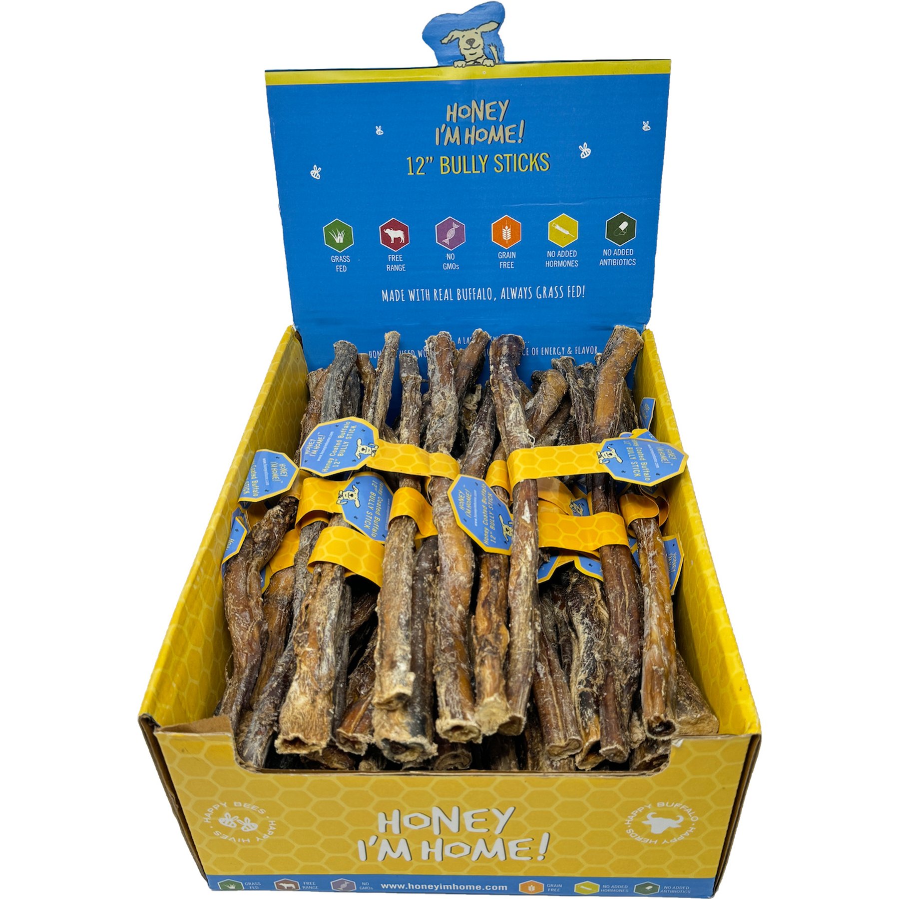 Honey I'm Home! 12-in Bully Sticks Natural Honey Coated Buffalo Chews Grain-Free Dog Treats, 50 count