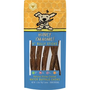Honey I'm Home! 6-in Bully Sticks Natural Honey Coated Buffalo Chews Grain-Free Dog Treats, 5 count