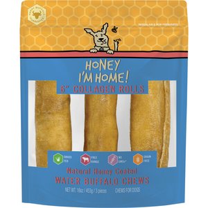 Honey I'm Home 6" Honey Coated Buffalo Collagen Rolls Dog Chews, 16-oz bag