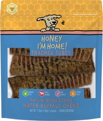 Honey I'm Home! Trachea Tubes Natural Honey Coated Buffalo Chews Grain-Free Dog Treats, 5 count