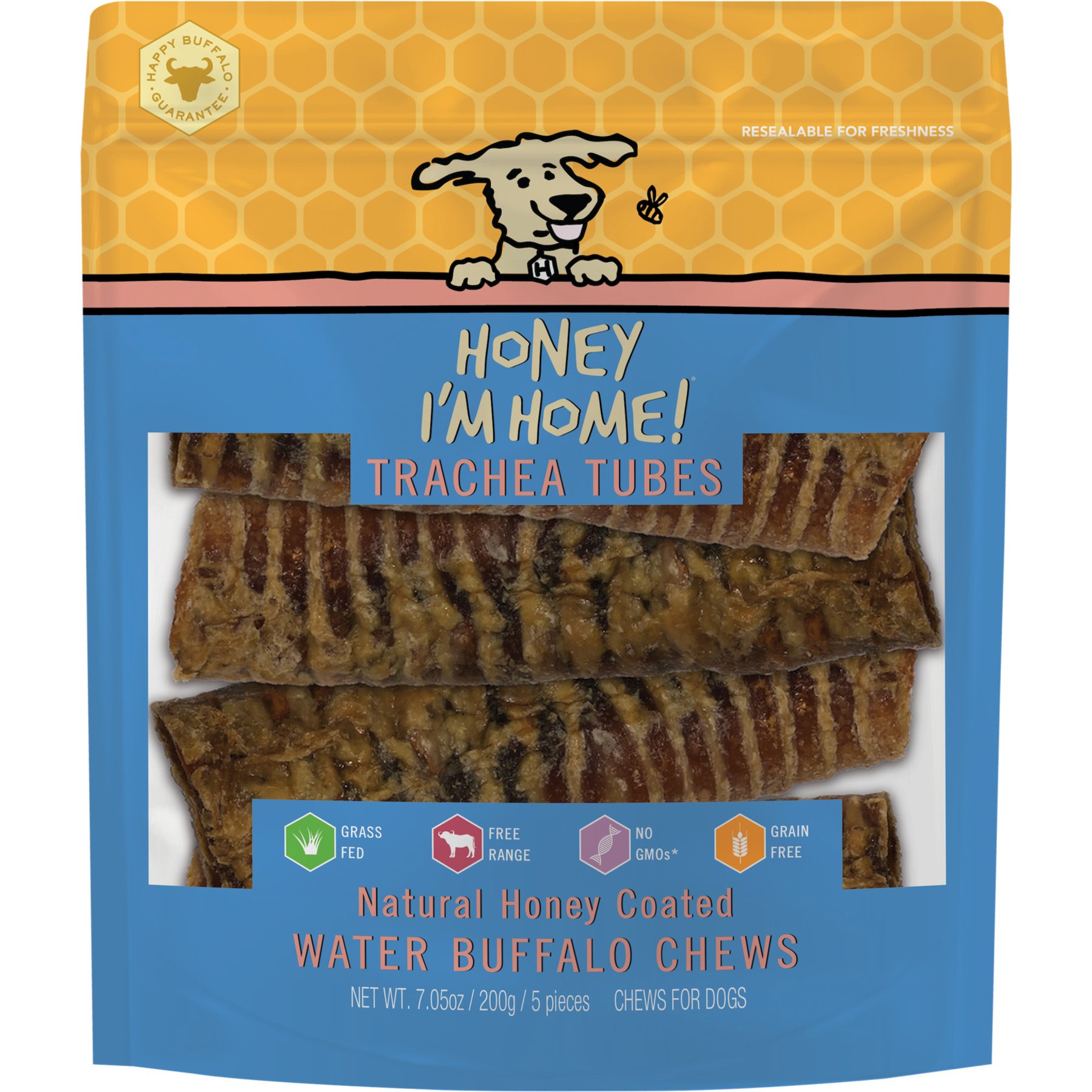 Honey I'm Home! Trachea Tubes Natural Honey Coated Buffalo Chews Grain-Free Dog Treats, 5 count