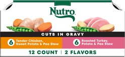 Nutro Grain-Free Tender Chicken Stew & Roasted Turkey Stew Cuts in Gravy Variety Pack Wet Dog Food Trays, 3.5-oz can, case of 12