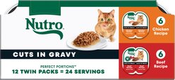 Nutro Perfect Portions Grain-Free Cuts in Gravy Variety Pack Chicken & Beef Recipe Adult Cat Food Trays, 2.64-oz, case of 12 twin-packs