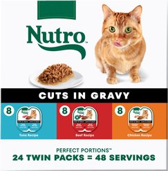 Nutro Perfect Portions Grain-Free Cuts in Gravy Variety Pack Beef, Tuna & Chicken Recipe Adult Wet Cat Food Trays, 2.64-oz, case of 24 twin-packs