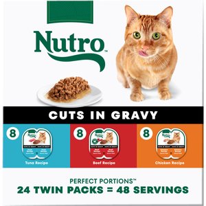Nutro Perfect Portions Grain-Free Cuts in Gravy Variety Pack Beef, Tuna & Chicken Recipe Adult Wet Cat Food Trays, 2.64-oz, case of 24 twin-packs