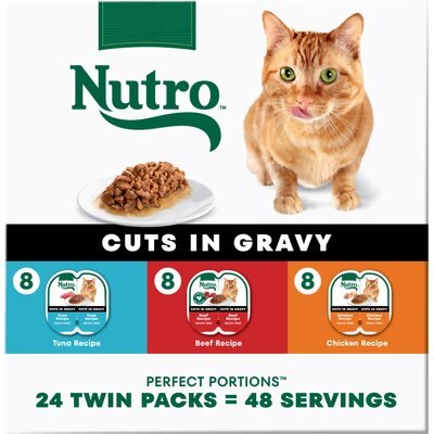 Nutro Nutro Perfect Portions Grain-Free Cuts in Gravy Variety Pack Beef, Tuna & Chicken Recipe Adult Wet Cat Food Trays, 2.64-oz, case of 24 twin-packs