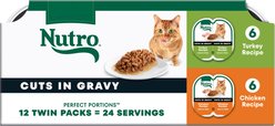 Nutro Perfect Portions Grain-Free Real Turkey & Real Chicken Cuts in Gravy Recipe Variety Pack Adult Wet Cat Food Trays, 2.65-oz, case of 12 twin-packs