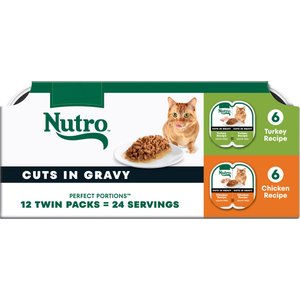 Nutro Perfect Portions Grain-Free Real Turkey & Real Chicken Cuts in Gravy Recipe Variety Pack Adult Wet Cat Food Trays, 2.65-oz, case of 12 twin-packs