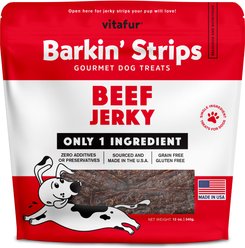Vitafur Barkin' Beef Jerky Strips Grain-Free Dehydrated Dog Treats, 12-oz bag