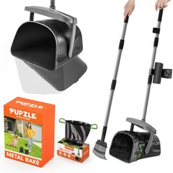 Pupzle Heavy Duty Metal Dog Poop Scooper with Bag Attachment & Rake, Lavender Scented, Grey, 25 Refill bags