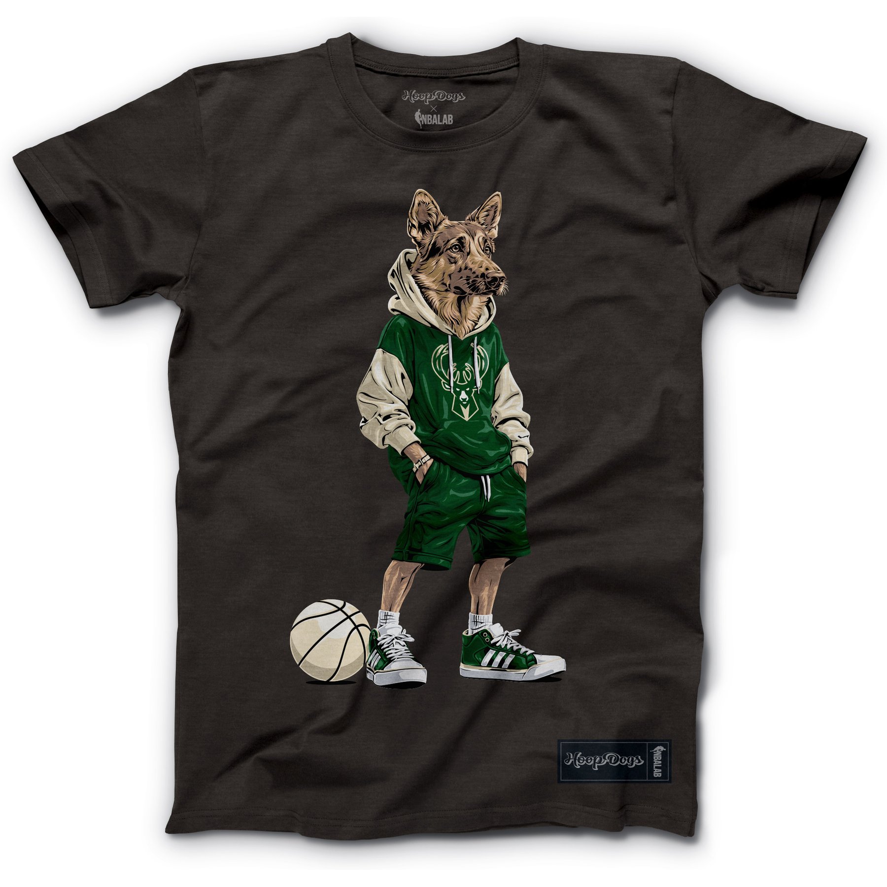 Hoop Dogs NBA German Shepherd T-Shirt, Milwaukee Bucks, Large